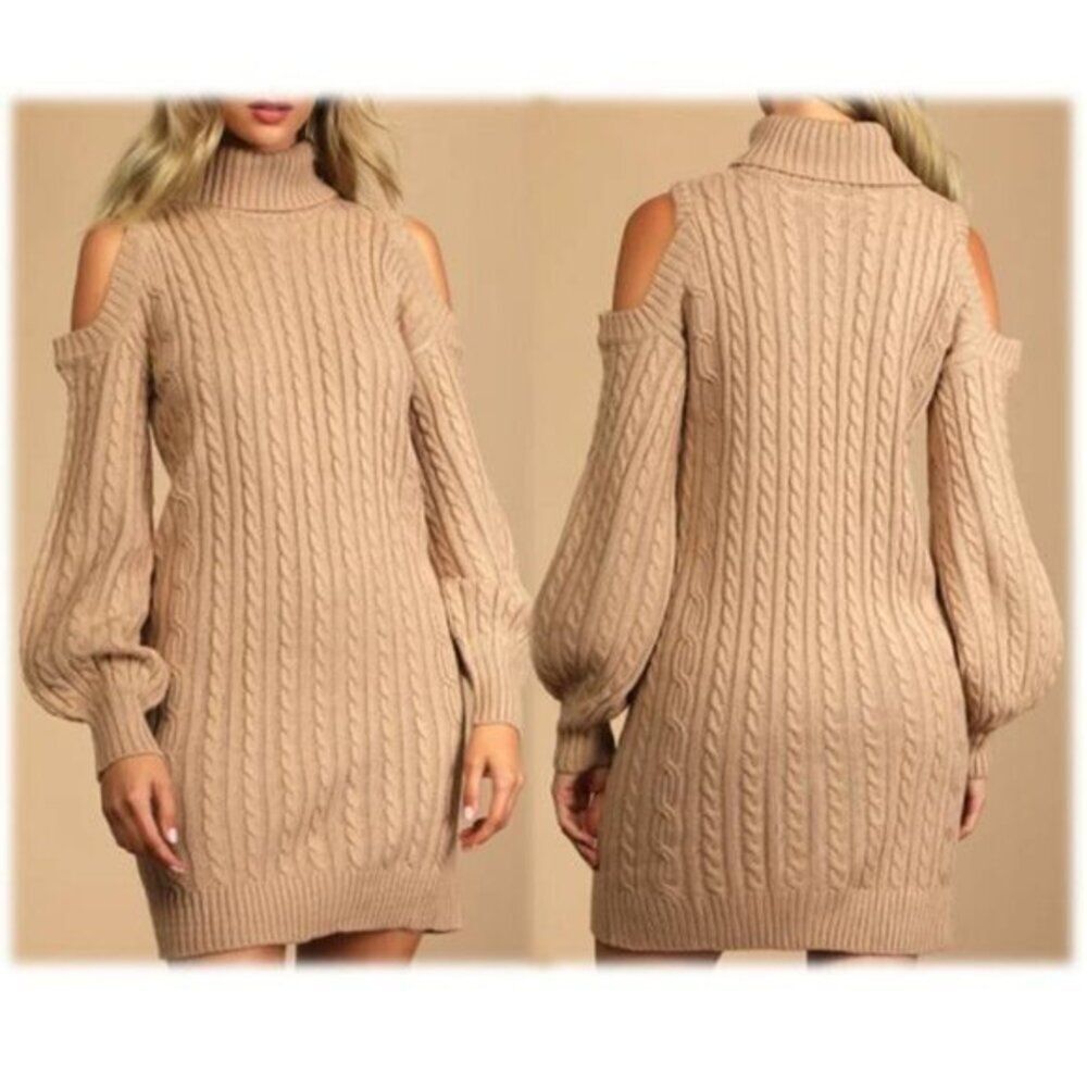 Lulus Women's Sweater Dress Taupe Cable Knit Cold-Shoulder‎ Large